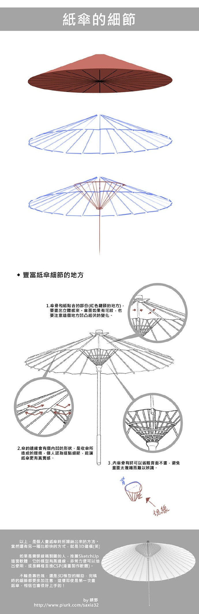 #绘画教程分享# 台湾画师 晴野/ Saxia 教你画伞，是那种旧时的伞~ 他的主页O网页链接