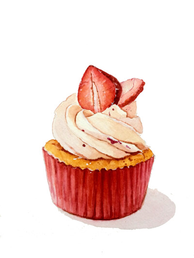 【小美食】甜品 草莓杯子蛋糕 手绘 水彩 水彩美食 cupcake