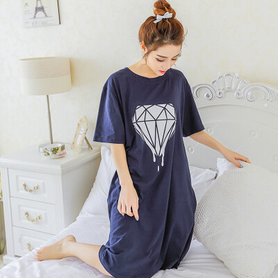 韩版夏天宽松睡裙女夏纯棉 简约长裙休闲短袖圆领可爱家居裙