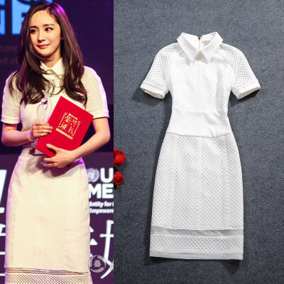 2016春夏连衣裙杨幂明星同款翻领蕾丝镂空娃娃领短袖OL职业装显瘦