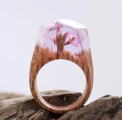 Secret Wood工作室的精致的木质镶水晶的小戒指