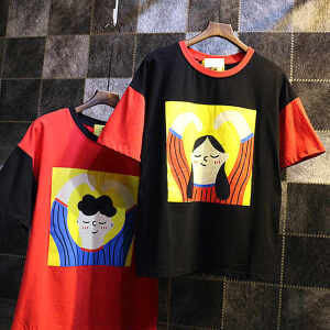 情侣装
韩国原宿风恶搞印花撞色运动休闲圆领BF宽松显瘦t恤女

