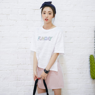 2016夏天季韩版女装宽松圆领印花白色打底衫学生装潮t恤上衣