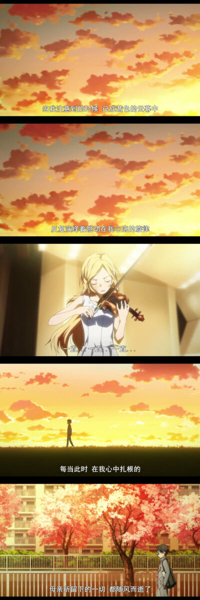 《四月是你的谎言》温暖 治愈 公生 宫园薰 阿渡 小椿 二次元 动漫 语录
当我注意到的时候，已成茜色的云幕中，反复演绎着跳动在我心里的旋律，一直…一直…一直，每当此时在我心中扎根的，母亲所留下的一切都随风而…