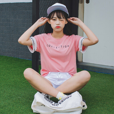 衣小田3.31夏季新款可爱甜美粉色字母印花翻袖棉质舒适T恤上衣女