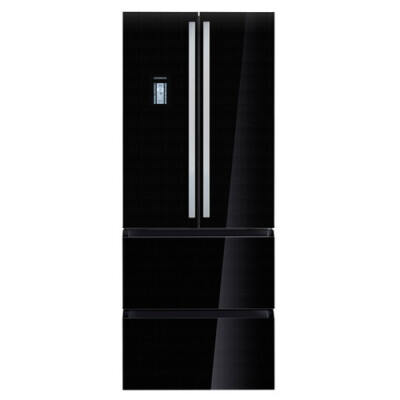 冰箱无框玻璃门设计流畅线条演绎极致简约，动态冷藏风扇减少耗电量。