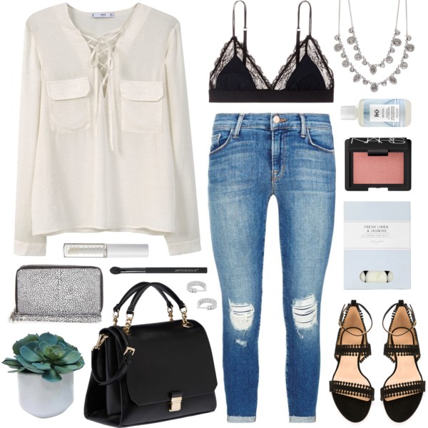 A fashion look from April 2016 featuring long sleeve shirts, skinny
jeans and lace bra. Browse and shop related looks.