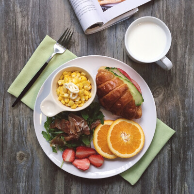 2016.4.29早餐记录：热牛奶+羊角三明治+玉米色拉+帕尔玛火腿芝麻菜+橙子+草莓