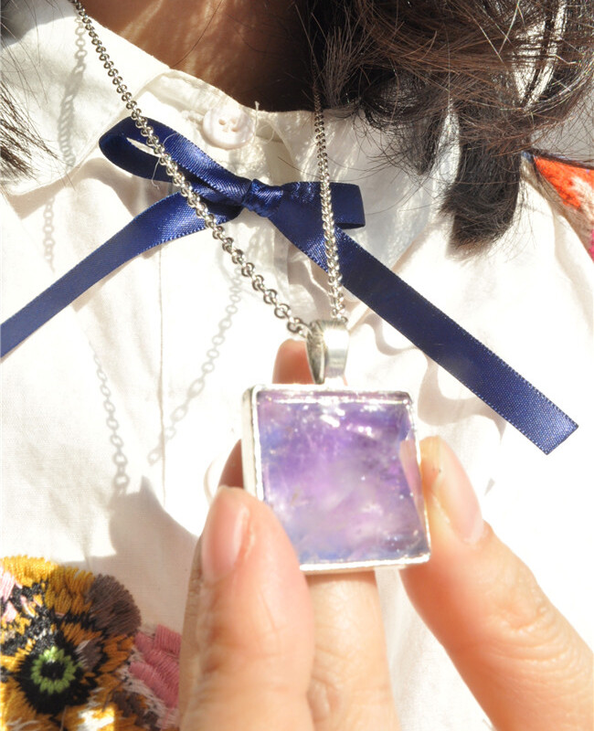 包邮 天然紫水晶金字塔 浪漫夜光长毛衣链时尚男女士饰品