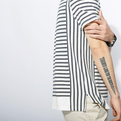 YESMAN原创男装夏季新品韩版条纹t恤男短袖拼接纯棉海军风短袖t恤