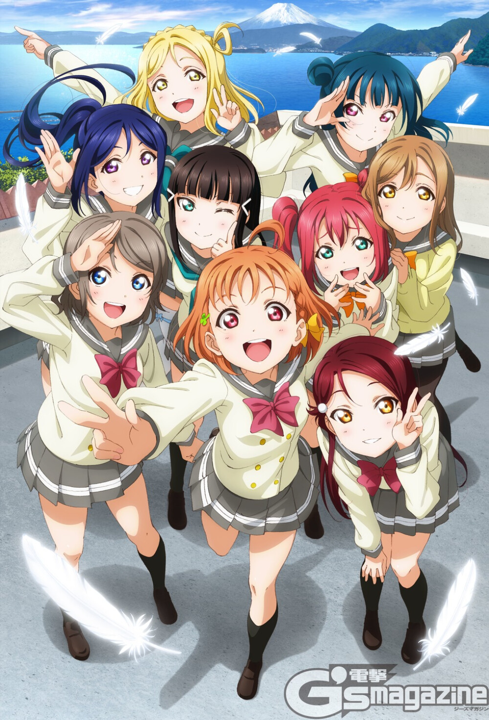 LoveLive!Sunshine!!动画主视觉图欣赏?
–2016年1月11日的NICONICO生放送节目中，公布了LoveLive!Sunshine!!TV动画化的消息。
预计将在2016年夏季（7月）放送。
《LoveLive!Sunshine!!》（ラブライブ!サンシャイン!!）以静冈县沼津市的女子高中浦之星女子学院为舞台，在一名憧憬μ's的少女的引领下，9位少女结成了校园偶像Aqours。前所未有的描绘青春的故事就此展开。
讲述了以校园偶像Aqours的身份, 高海千歌为首的九位少女以光芒为目标勇往直前的故事。
私立浦之星女子学院，位于静冈县沼津市的海边小镇内浦。在这所坐落在骏河湾角落里的小小的高中里，以二年级学生高海千歌为中心的九位少女，心中怀着大大的梦想而站了出来。
那就是——成为闪闪发光的“校园偶像”！
只要不放弃，梦想就一定能实现——。现在就以那片光芒为目标，勇往直前！
她们的“大家一起实现的故事School Idol Project”正在开始！
