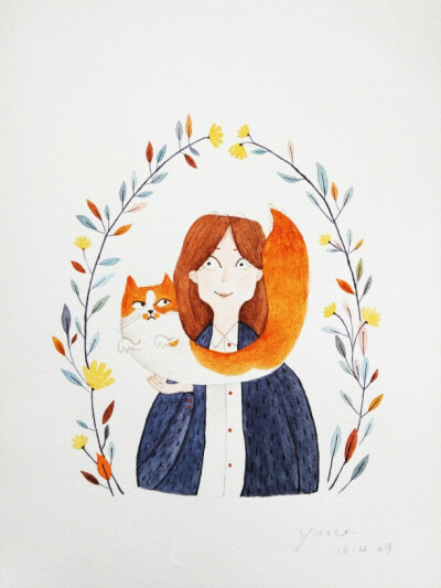 水粉画，女孩和猫