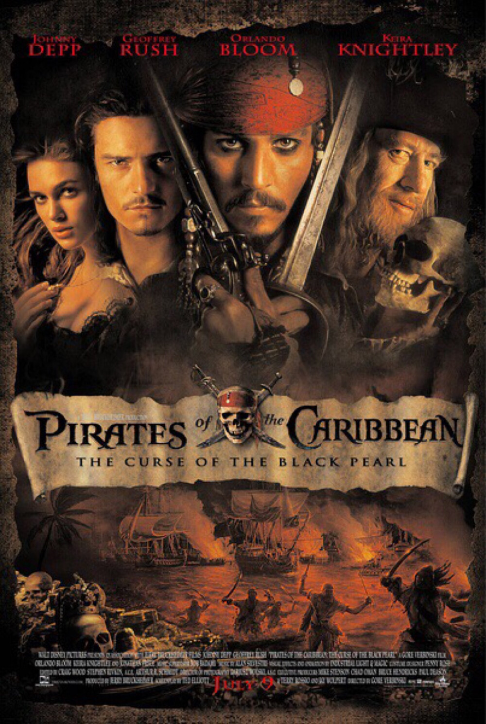 《加勒比海盗：黑珍珠号的诅咒》（Pirates of the Caribbean: The Curse of the Black Pearl）是2003年根据迪士尼主题公园同名景点制作的电影，也是加勒比海盗系列电影的第一部作品。由戈尔·维宾斯基执导，杰瑞·布鲁克海默制片，约翰尼·德普、奥兰多·布鲁姆、凯拉·奈特莉和杰弗里·拉什主演。
影片主要讲述了杰克·斯派洛是活跃在加勒比海上的海盗，拥有“黑珍珠”号海盗船。无恶不作的坏蛋巴伯萨抢了杰克的“黑珍珠”号在加勒比海横行霸道。巴伯萨一伙绑架了总督的女儿伊莉莎白·斯旺和铁匠学徒威尔·特纳，在打斗中，威尔和杰克发现，巴伯萨和他的海盗们在每一个月光之夜就变成不死骷髅，而伊莉莎白正是解开咒语的关键。