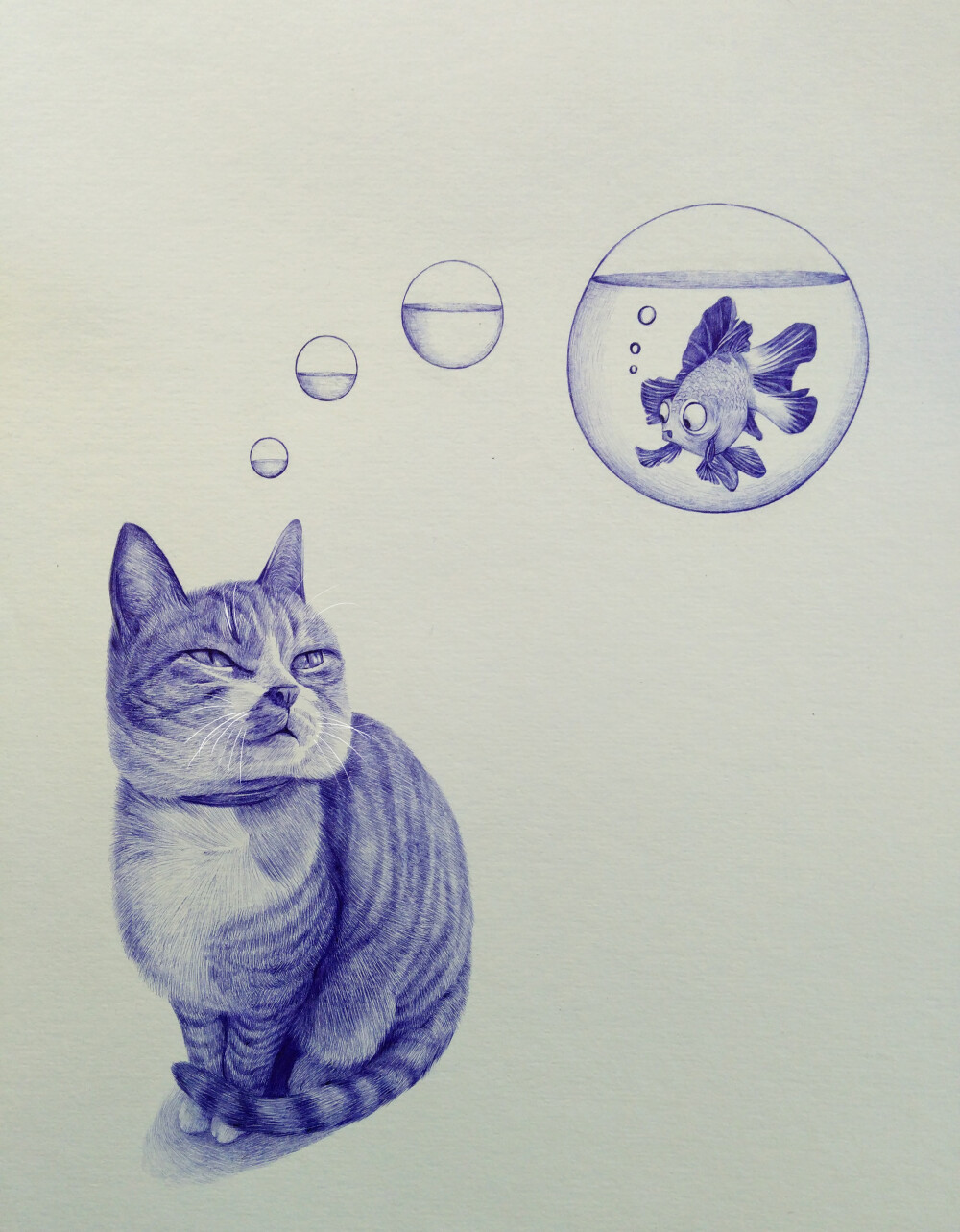 圆珠笔手绘 《猫，金鱼》