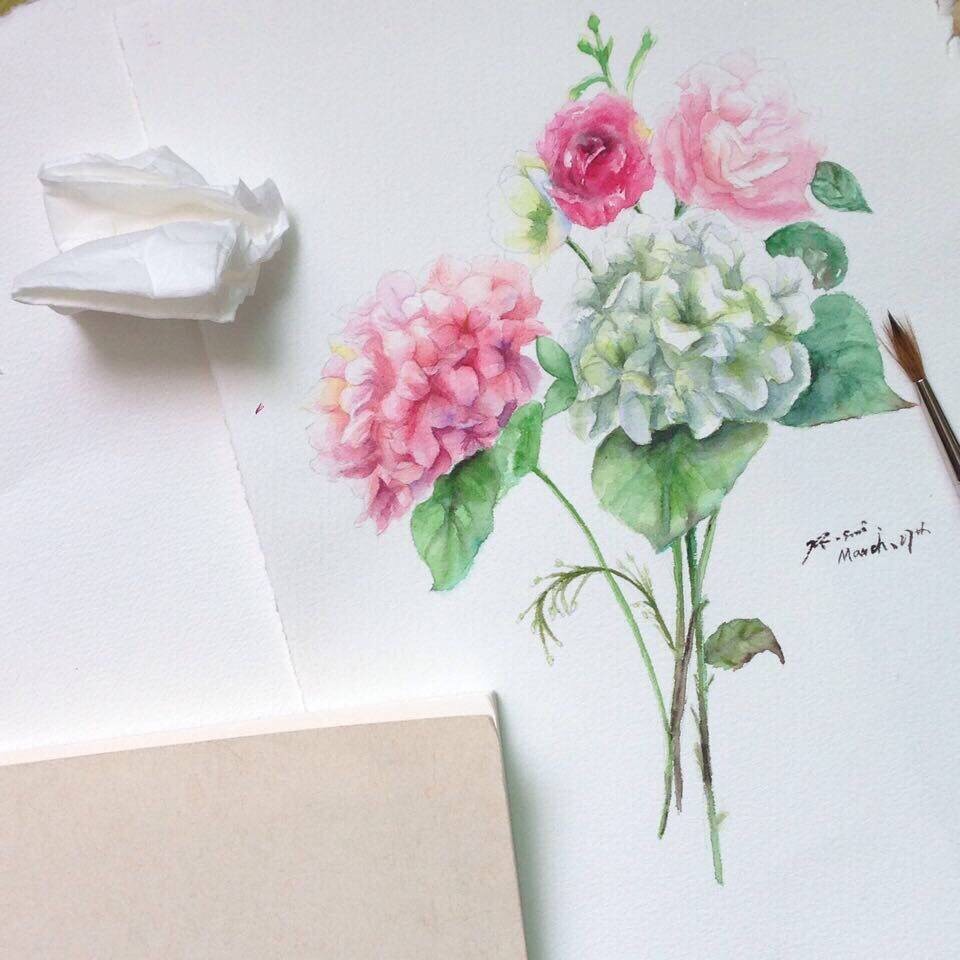 手绘 水彩 绣球花
