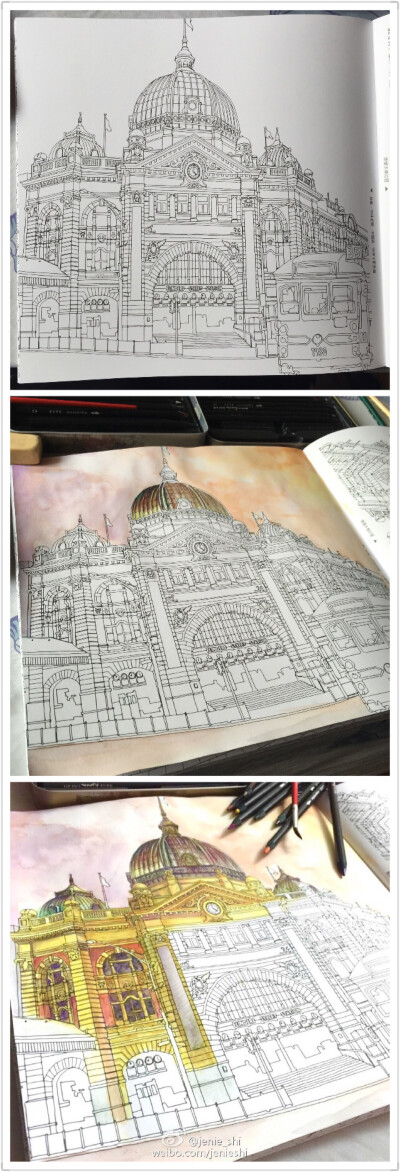 很久没涂色啦。这本大陆版叫大城市。尝试用水彩和水溶涂色。建筑细节磨人！