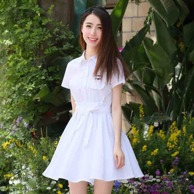 朴素2016夏季 韩版短袖百褶裙子中长款修身系带衬衫连衣裙女