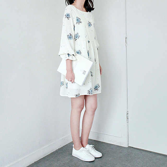 韩国风轻甜美复古 花朵图案 A字型雪纺娃娃衫 短款连衣裙春装新款