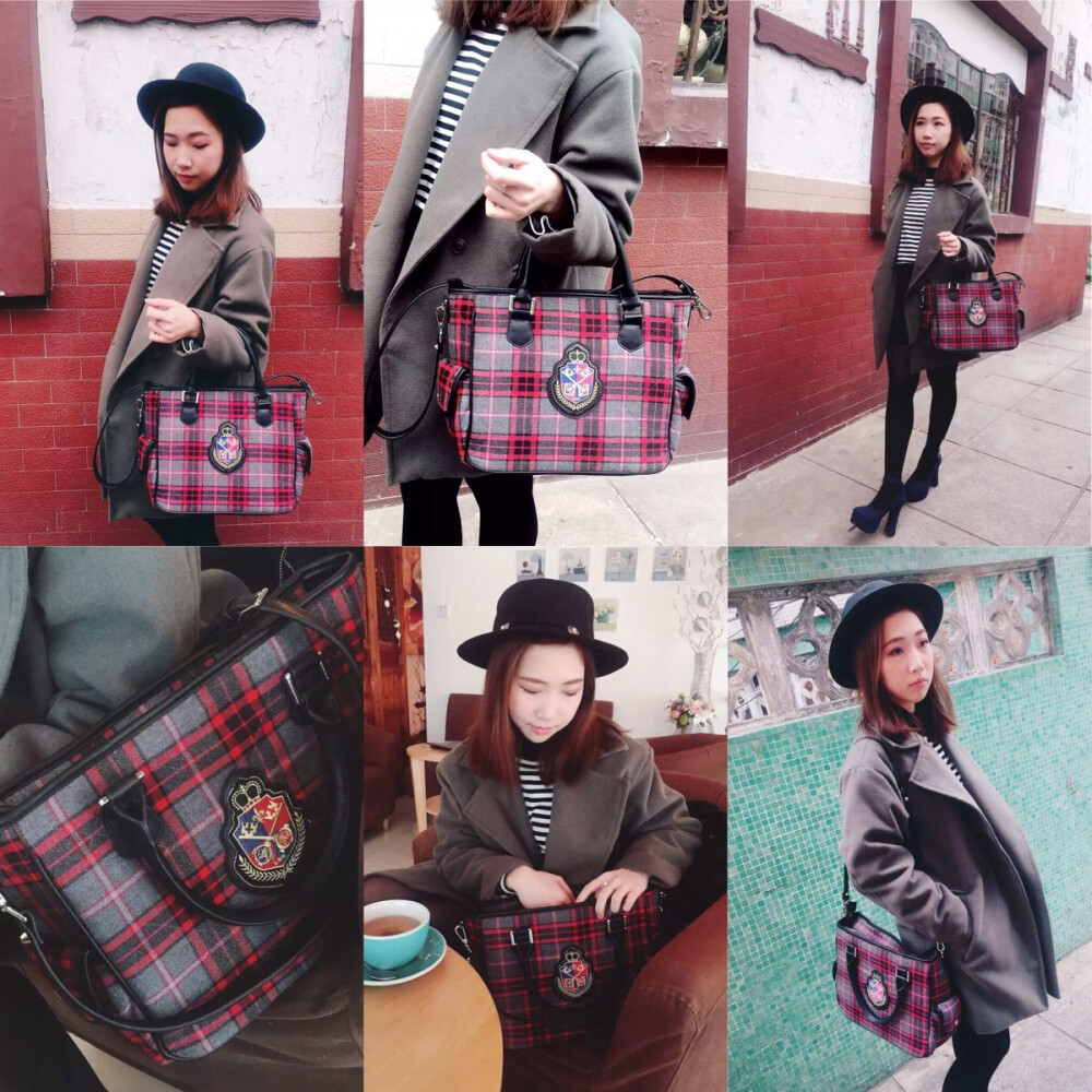 New❤️Lovelina Tartan Kilt Bag很喜欢的造型 英伦风～每个女生都能轻易驾驭不是吗？这次设计特别注重细节位置，刺绣徽章都是LVN独家设计，拉片及侧袋的钮扣都用了圆图案LOGO，灰红色格布料上用了菱格纹的车线，十分精致❤️