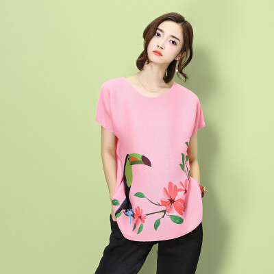 中国风印花修身圆领短袖可爱T恤 2016夏季新款优雅气质粉色