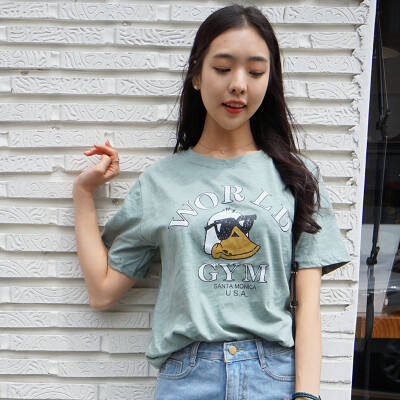 2016夏季女装韩版时尚卡通印花短袖t恤女宽松圆领打底上衣潮