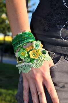 Green Yellow Creme crochet bracelet. Handmade by KaterinaDimitrova