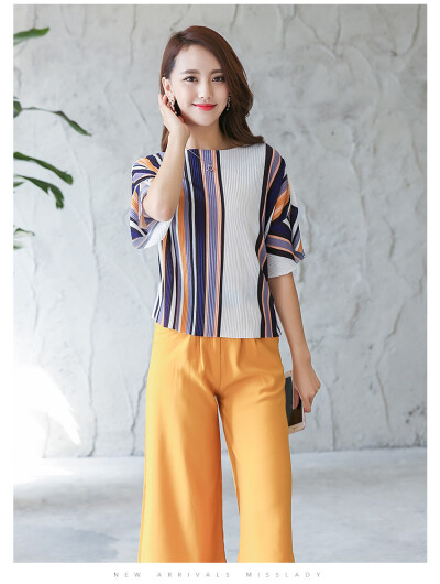 圆领短袖条纹宽松上衣+黄色七分裤两件套装 2016年夏季韩版女装
