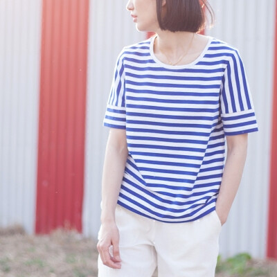 JIRAN韩版条纹t恤女 短袖宽松蓝白显瘦海魂衫纯棉t恤圆领原创设计