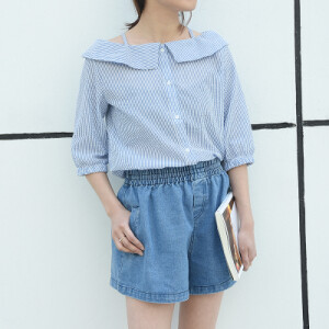 PP家夏季新款日系女装竖条纹衬衣宽松一字领娃娃领衬衫棉麻衫0401
