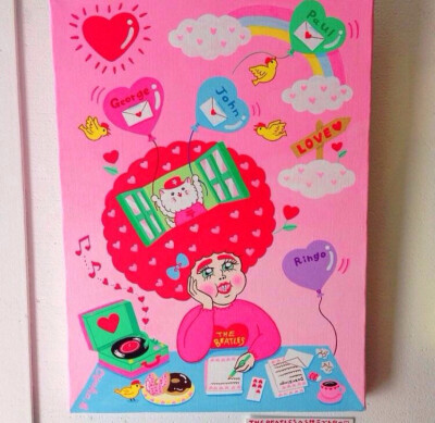 韩系少女涂鸦儿童画，复古，趣味，怀旧，粉红，头像壁纸