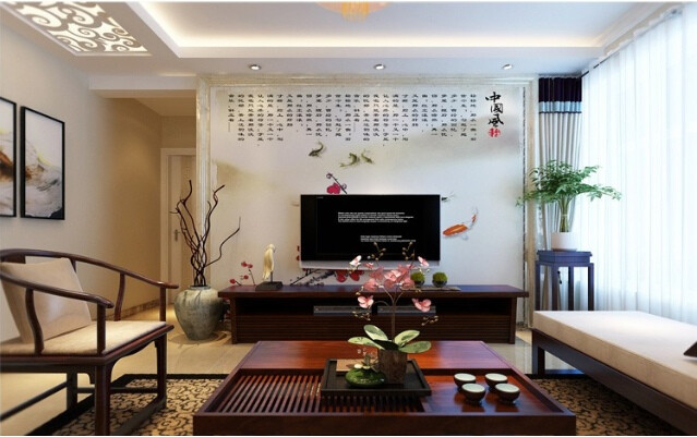 典雅中国风三居98平米三室一厅中式古典客厅装修效果图设计欣赏