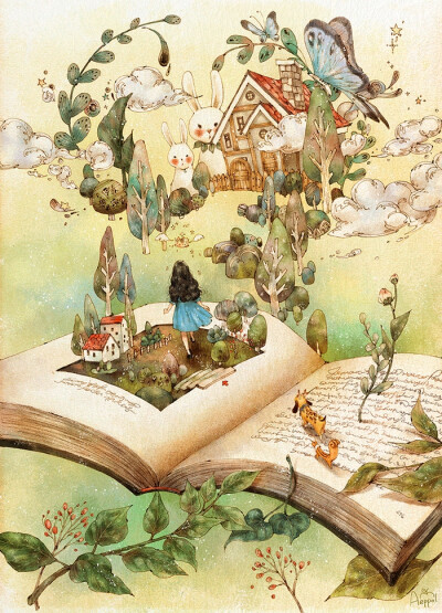 书中的美妙世界 ~ 来自韩国插画家Aeppol 的「森林女孩日记-2016」系列插画。