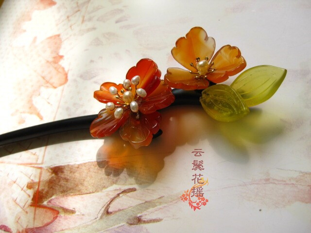 红玛瑙花朵檀木簪 古装头饰汉服配饰发饰 —璃莹【云鬓花摇】