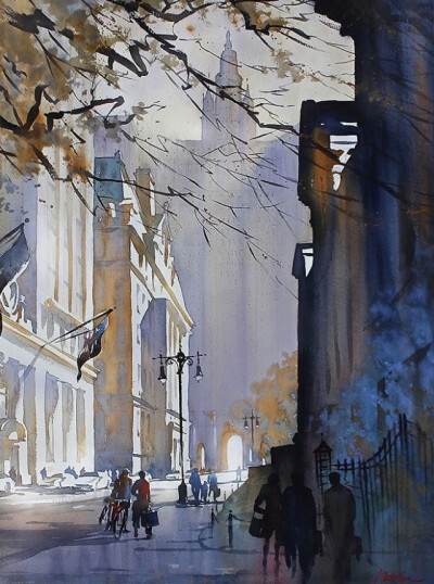 Thomas W. Schaller 的水彩建筑绘画作品，精湛的水分控制和色彩融合，巧妙的留白，呈现出朦胧而又坚韧的城市景观。