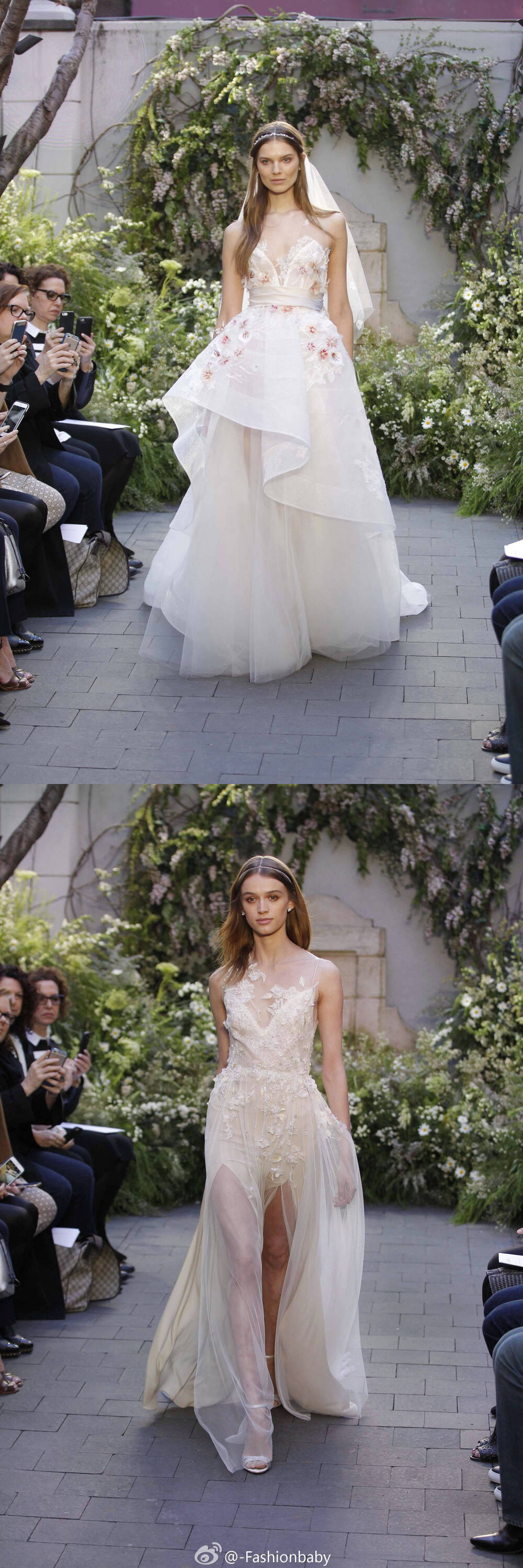 Monique Lhuillier Bridal Spring 2017。从花丛中走出的花仙子是那样优雅迷人。少不了蕾丝、薄纱、立体雕花等设计细节。不规则的裙摆，让整件婚纱变得错落有致，隐隐飘动着层叠着的轻纱。