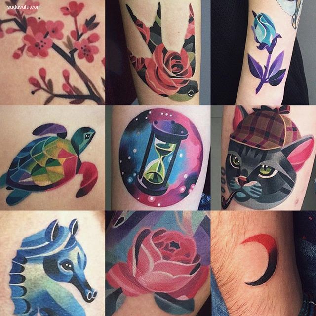 Sasha Unisex 带来的一组细腻的充满色彩的纹身艺术，主题包括鸟类，自然花草以及抽象形状。