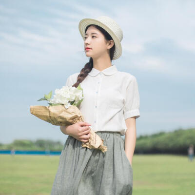 2016夏季日系文艺清新娃娃领学生上衣白色纯棉提花短袖衬衫女
