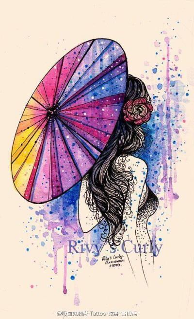 雨天里的，你的背影。#纹身素材#雨伞纹身水彩插画