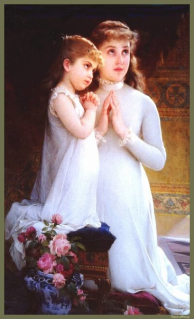 法国学院派画家Emile Munier (1840 - 1895)作品欣赏Two Girls Praying（两个女孩祈祷