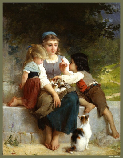 法国学院派画家Emile Munier (1840 - 1895)作品欣赏（玩小猫）