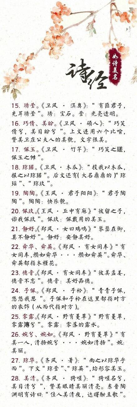 【用诗经楚辞给宝宝取名，想来也是极好的】给子女名字没起好会给孩子造成一万点伤害！国人取名素有“女诗经，男楚辞”的说法，来自《诗经》《楚辞》的如诗美名↓↓，马走不谢！