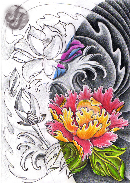 tattoo design 纹身手稿 设计图 手绘 莲花 牡丹 漩涡