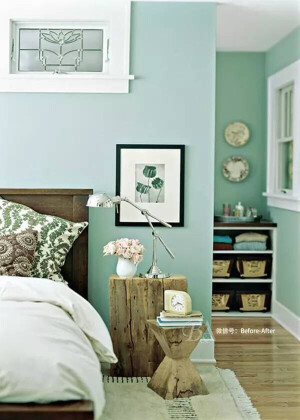 鸟蛋绿既有薄荷绿的清爽味道又多了几分温馨的感觉。卧室中墙壁的颜色使用大面积鸟蛋绿，在柔化夏日炎热氛围的同时，还能舒暖心情，极具治愈功效。与中性色棕色系的搭配带来质朴的感觉，家具可选用原木材质，绝不突兀，反而更加贴近自然。搭配纳瓦霍黄色的窗帘仿佛有一种淡淡的阳光味道。处处皆是小清新之感。