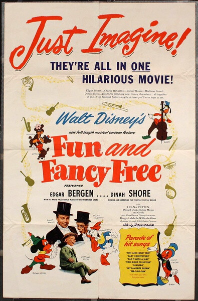 《米奇与魔豆 Fun & Fancy Free》１９４７年９月２７日，迪士尼第９部经典动画，中篇合辑剧情动画片。沃尔特·迪士尼最后一次亲自帮米老鼠配音的电影。第一部分“邦果”改编自Sinclair Lewis的原著，第二部分“米奇与魔豆”则改编自著名的童话《杰克与豌豆》