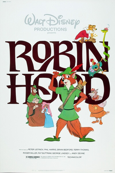 《罗宾汉 Robin Hood》１９７３年１１月８日，迪士尼第２１部经典动画，长篇剧情动画片。取材自Ken Anderson所原著的故事。奥斯卡最佳歌曲提名