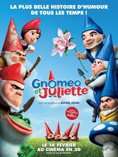 《吉诺密欧与朱丽叶 Gnomeo & Juliet》２０１１年２月１１日，Starz Animation工作室制作，迪士尼子公司试金石发行，长篇剧情３Ｄ动画片。改编自莎士比亚名著《罗密欧与茱丽叶》