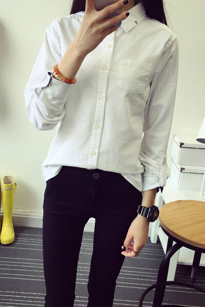 日系清新棉质白色长袖衬衫