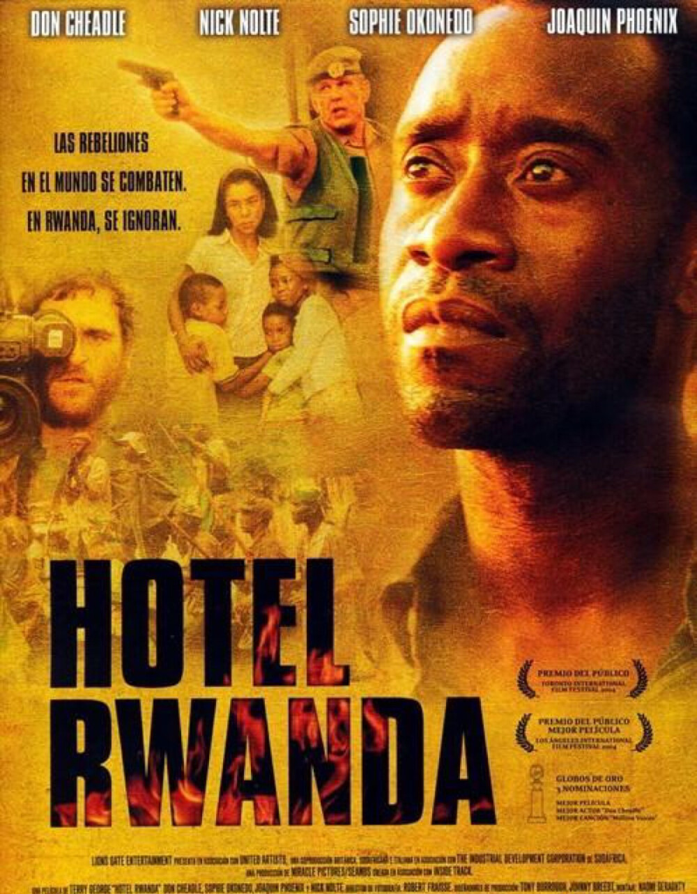 《卢旺达饭店》（Hotel Rwanda）该片取材于发生在1994年的卢旺达大屠杀，以此为背景由真人真事所改编，讲述了一位卢旺达胡图族饭店经理保罗·路斯沙巴吉那（Paul Rusesabagina）在种族仇杀中设法挽救1268位图西族及胡图族难民的故事。117分钟了解这段历史，感叹和平的可贵。