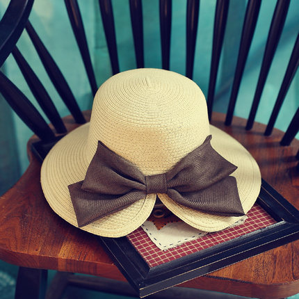 韩版春夏新款可折叠百搭甜美可爱超大蝴蝶结遮阳草帽盆帽沙滩帽子