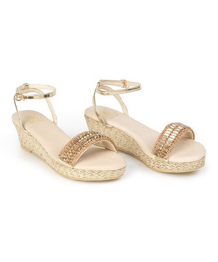 Gold Helena Low Jute Leather Wedge